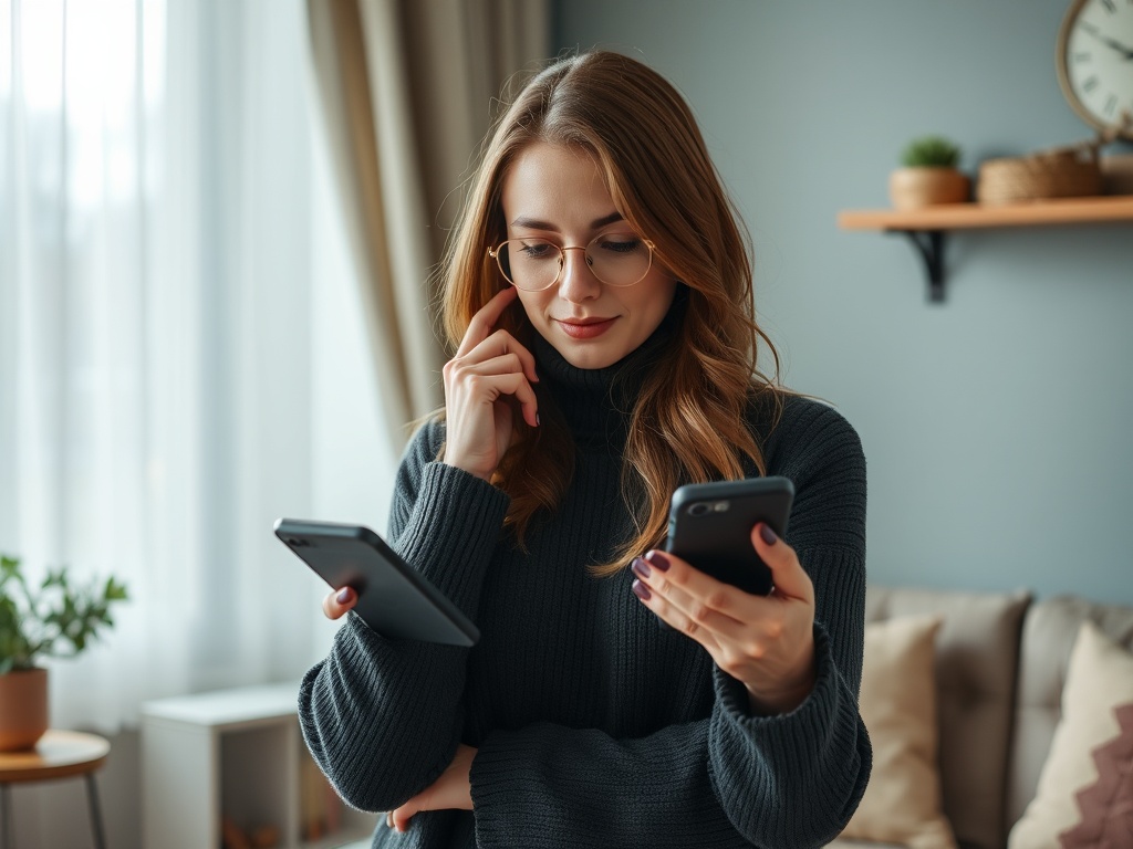 Молодая женщина в свитере смотрит на два смартфона, задумавшись, в уютном интерьере комнаты.