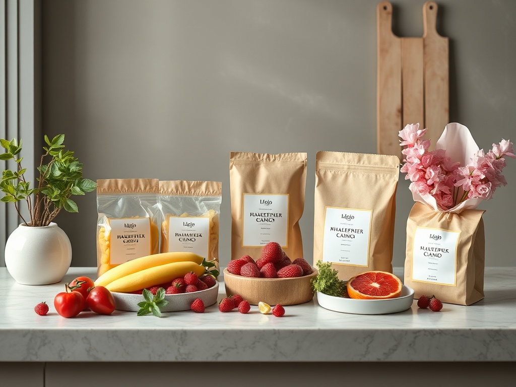 На столе лежат пакеты с продуктами, фрукты и цветы в уютной кухонной обстановке.