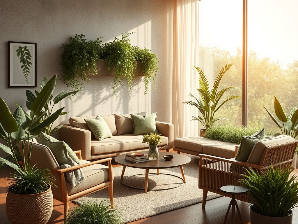 Современный светлый интерьер с растениями, уютной мебелью и большими окнами, наполненный солнечным светом.