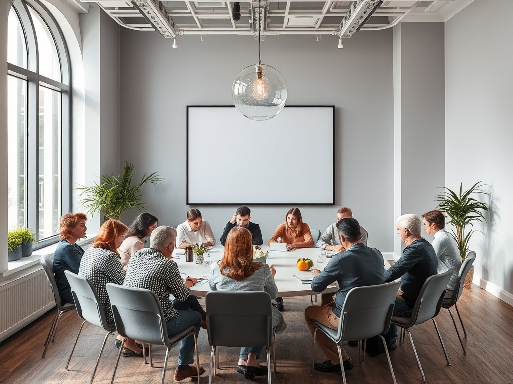 Группа людей участвует в деловой встрече в светлом офисе с большими окнами и минималистичным дизайном.