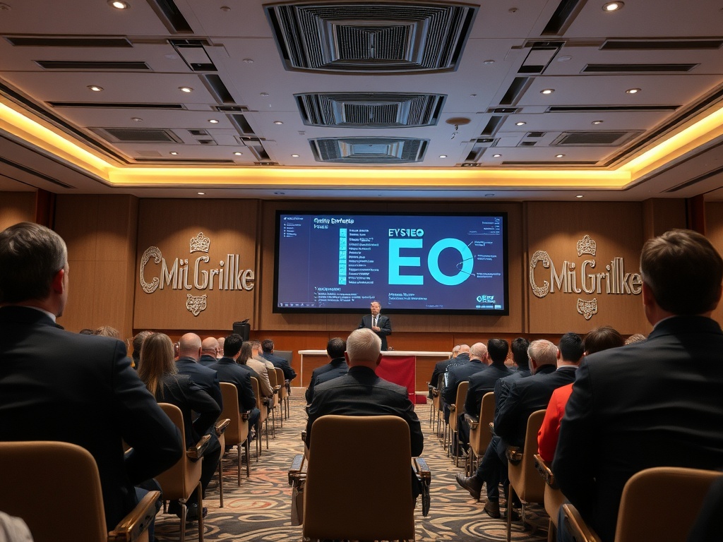 На мероприятии присутствуют люди, слушающие выступление на фоне презентации на экране.