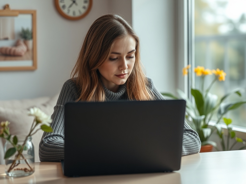 Молодая женщина сидит за столом, сосредоточенно смотрит на экран ноутбука в уютной обстановке.