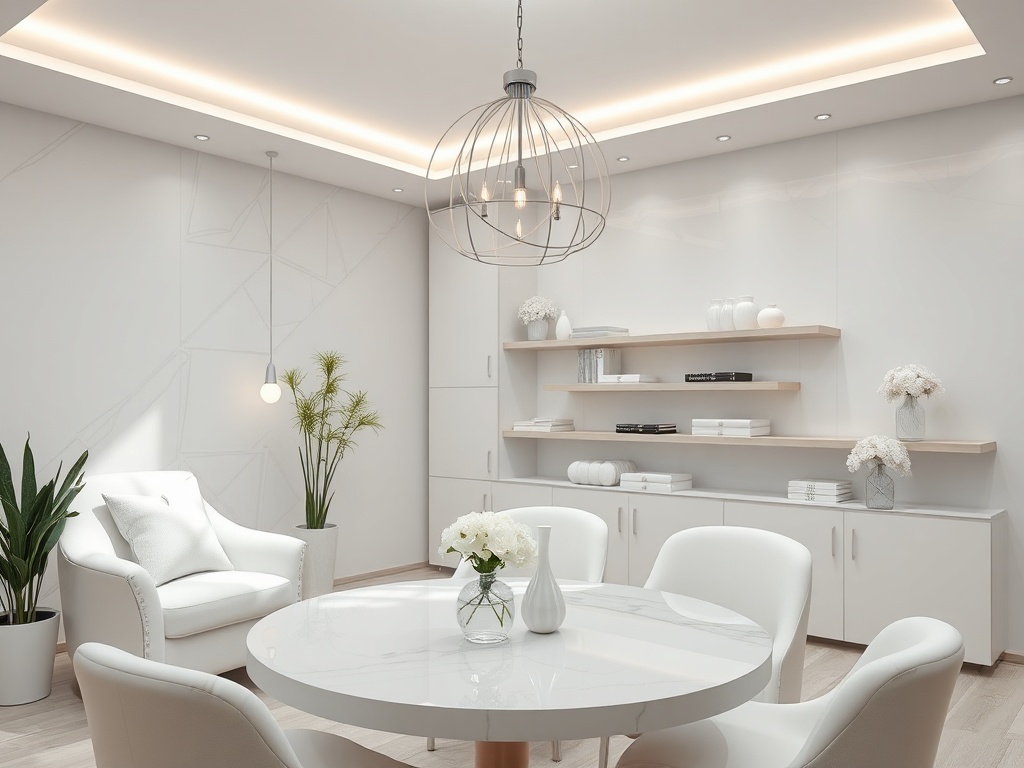 Современный интерьер с белыми стенами, столом, стульями и уютным креслом. Зеленые растения и светлый декор.