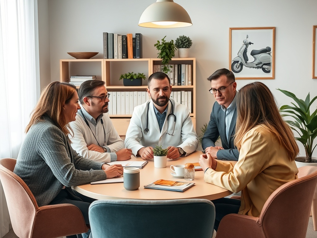 Группа людей в обсуждении, врачи и пациенты, сидя за круглым столом в светлом офисе.