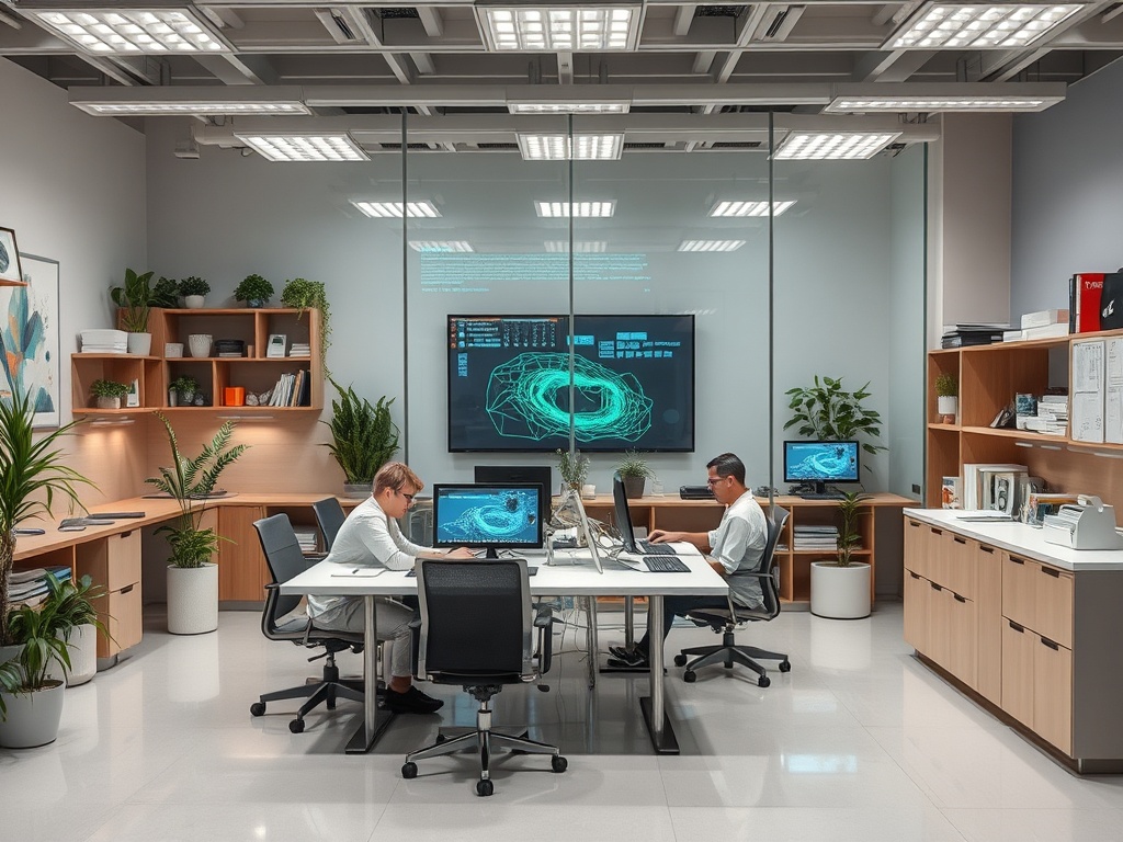 Современный офис с двумя сотрудниками за компьютерами и зелеными растениями вокруг.