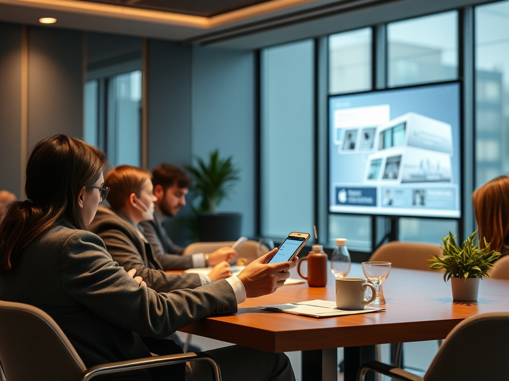 Встреча в офисе: люди обсуждают идеи, смотрят на экран и используют смартфоны. Стильные костюмы, внимание к деталям.