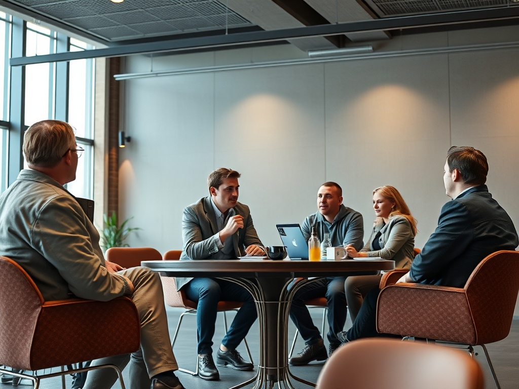 Группа людей обсуждает идеи за круглым столом, в современном офисе, с ноутбуком и напитками.