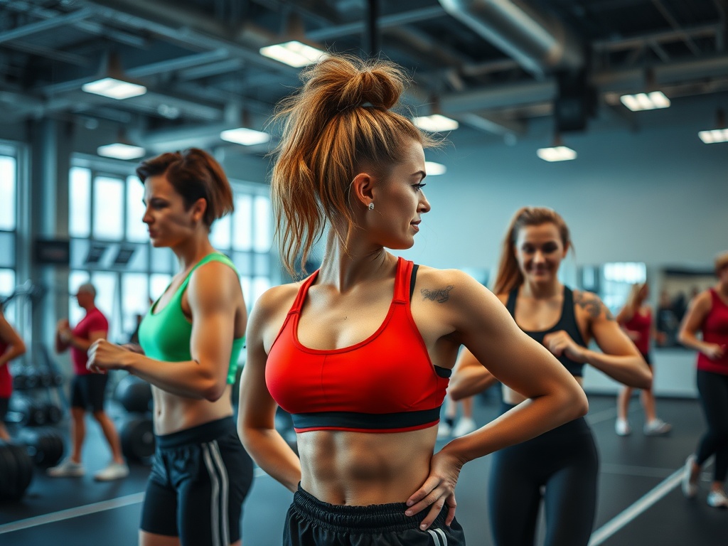 В спортзале несколько женщин занимаются фитнесом, одна из них в красном топе, улыбается и уверенно позирует.