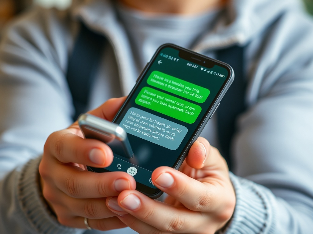 На экране телефона видно сообщение в мессенджере с вопросами о транспортном средстве и поддержке.