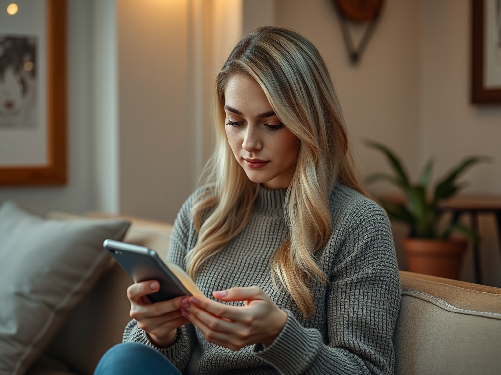 Молодая женщина с длинными светлыми волосами сидит на диване и использует смартфон. Уютная обстановка.