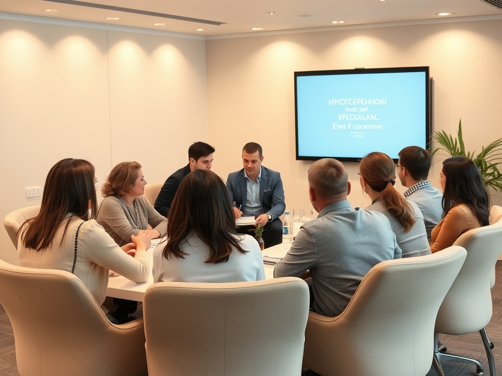 Группа людей обсуждает вопросы на встрече в современном офисе, с экраном на заднем плане.