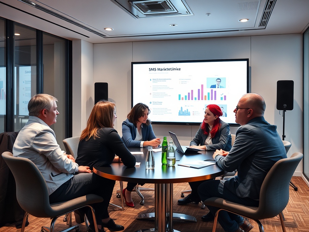 Рабочая встреча в конференц-зале. Участники обсуждают результаты SMS-маркетинга и показывают графики.