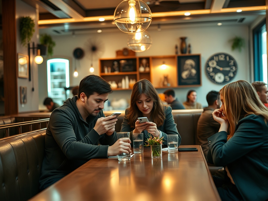 Два человека сидят в кафе, оба смотрят в свои смартфоны, вокруг них другие посетители.