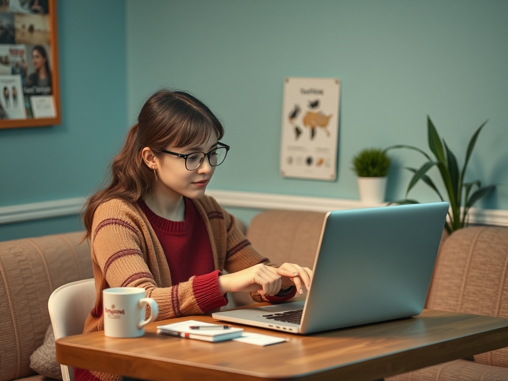Девушка в очках работает за ноутбуком в уютной комнате с растением и чашкой кофе на столе.