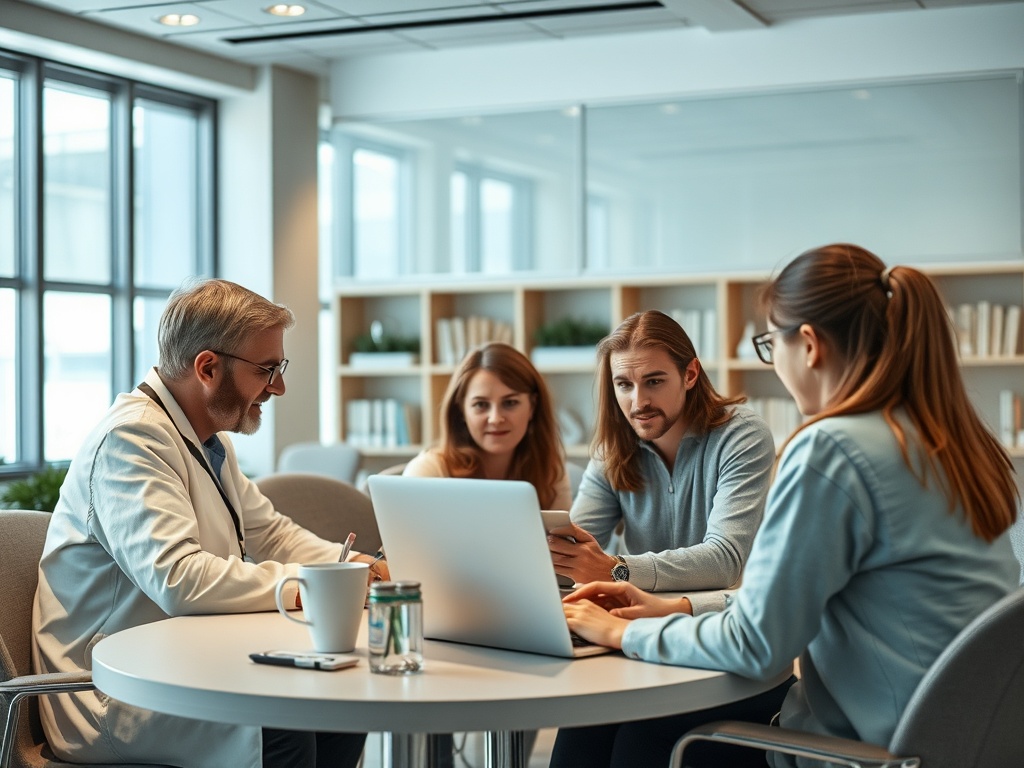 Четыре человека обсуждают что-то за круглым столом в современном офисе с ноутбуком и напитками.