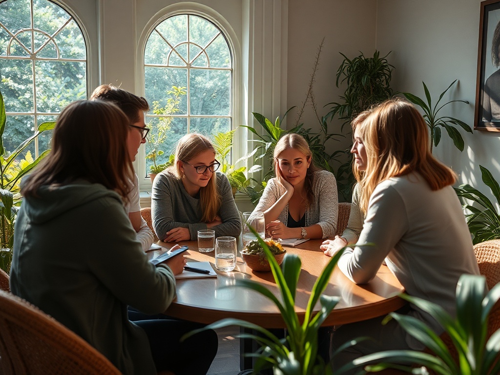 Группа людей обсуждает что-то за столом, окруженным зелеными растениями в светлом помещении.