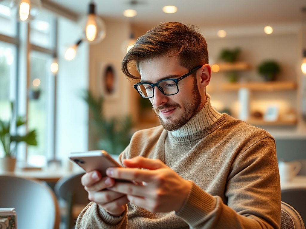 Молодой человек в уютном кафе смотрит на свой телефон, улыбаясь и сосредоточенно читая сообщения.