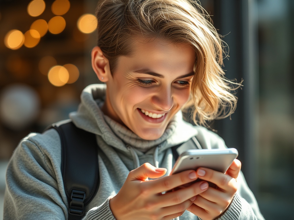 Молодая женщина с короткой стрижкой улыбается, смотря на телефон в руках, в уютной обстановке.