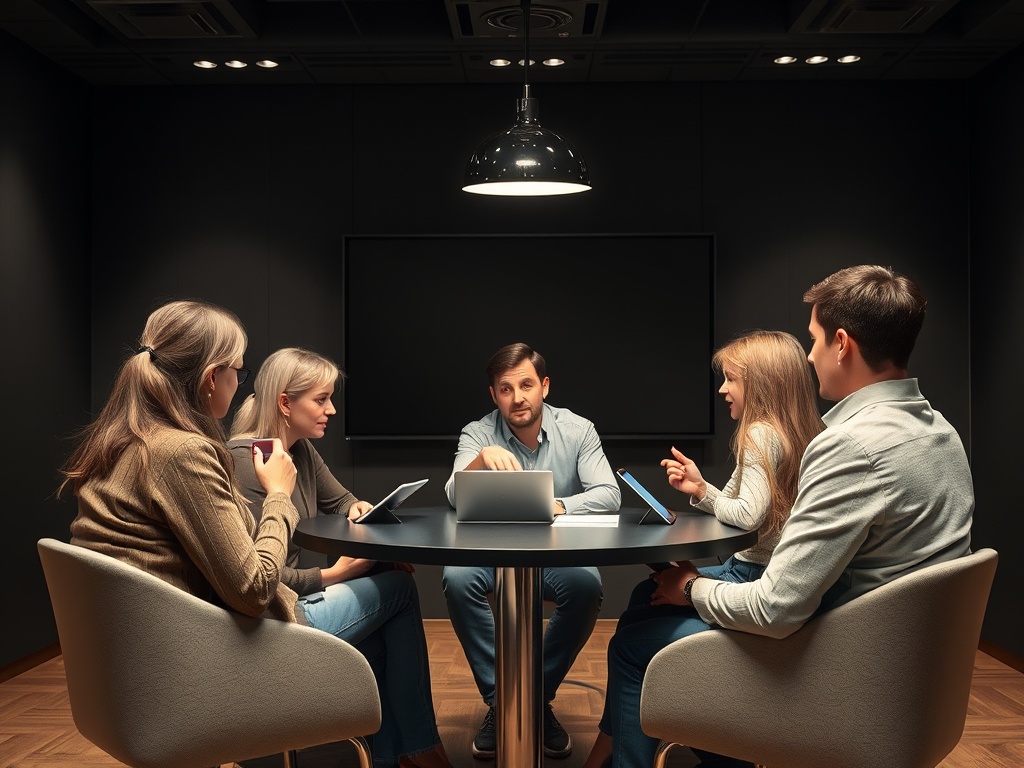 Группа людей обсуждает проект за круглым столом в темной комнате с ноутбуком и планшетами.