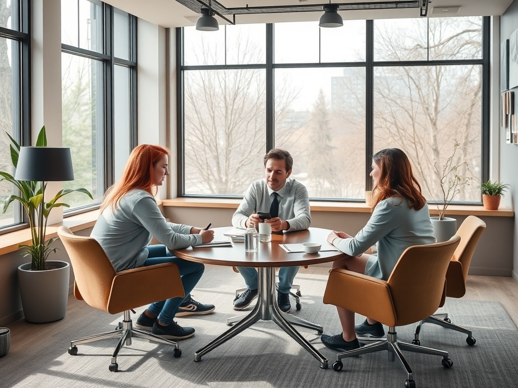 В офисе трое людей обсуждают идеи за круглым столом на фоне больших окон. Светлая комната, уютная обстановка.
