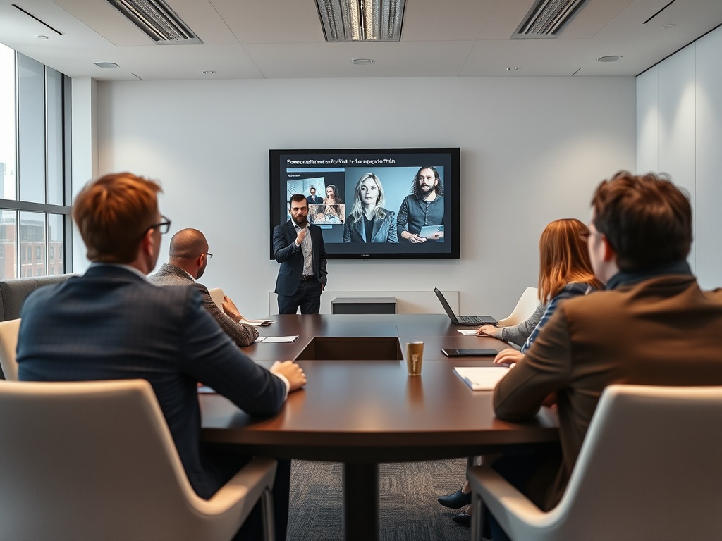 На собрании группа специалистов обсуждает проект, отображенный на экране.