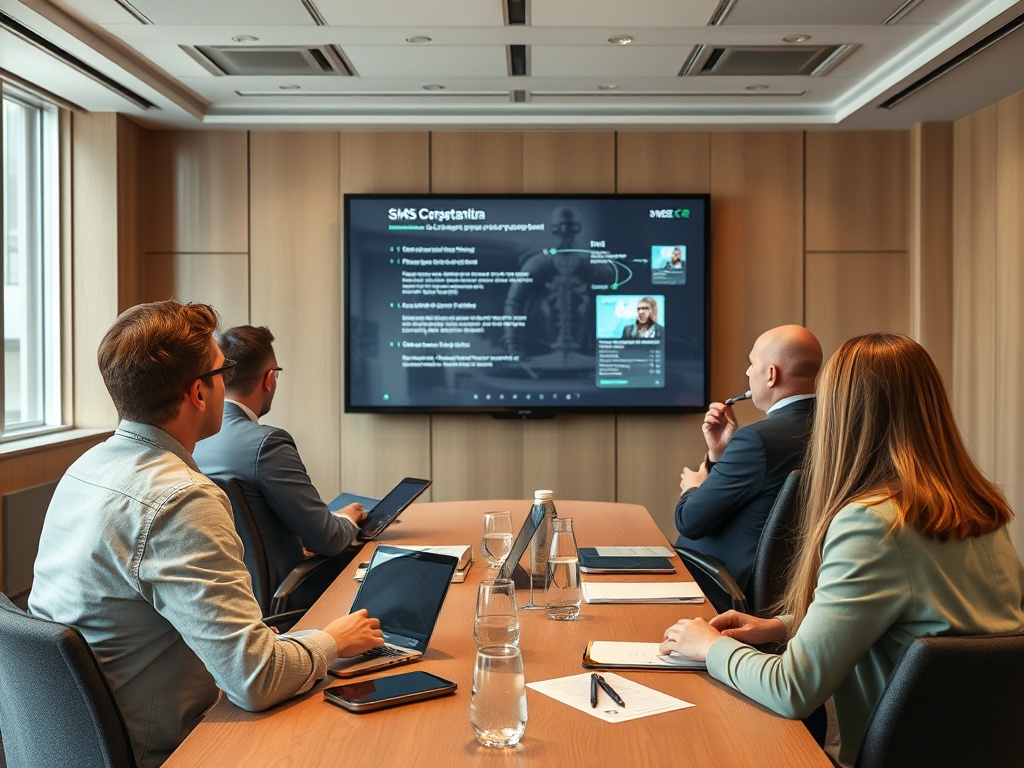 На встрече обсуждаются планы, участники смотрят на экран с презентацией в конференц-зале.