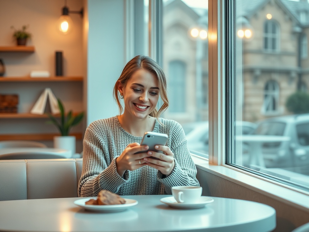Молодая женщина в свитере сидит за столом в кафе, улыбаясь и смотря в телефон. На столе кофе и десерт.