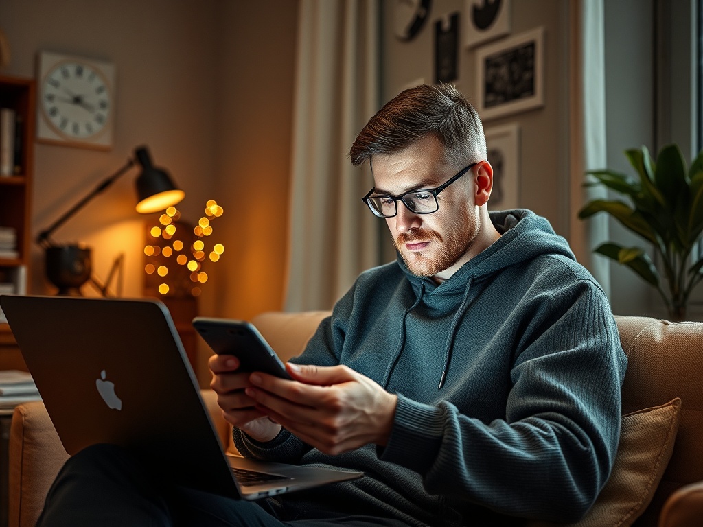 Молодой человек в свитере сидит на диване, смотрит на телефон, рядом ноутбук и уютное освещение.