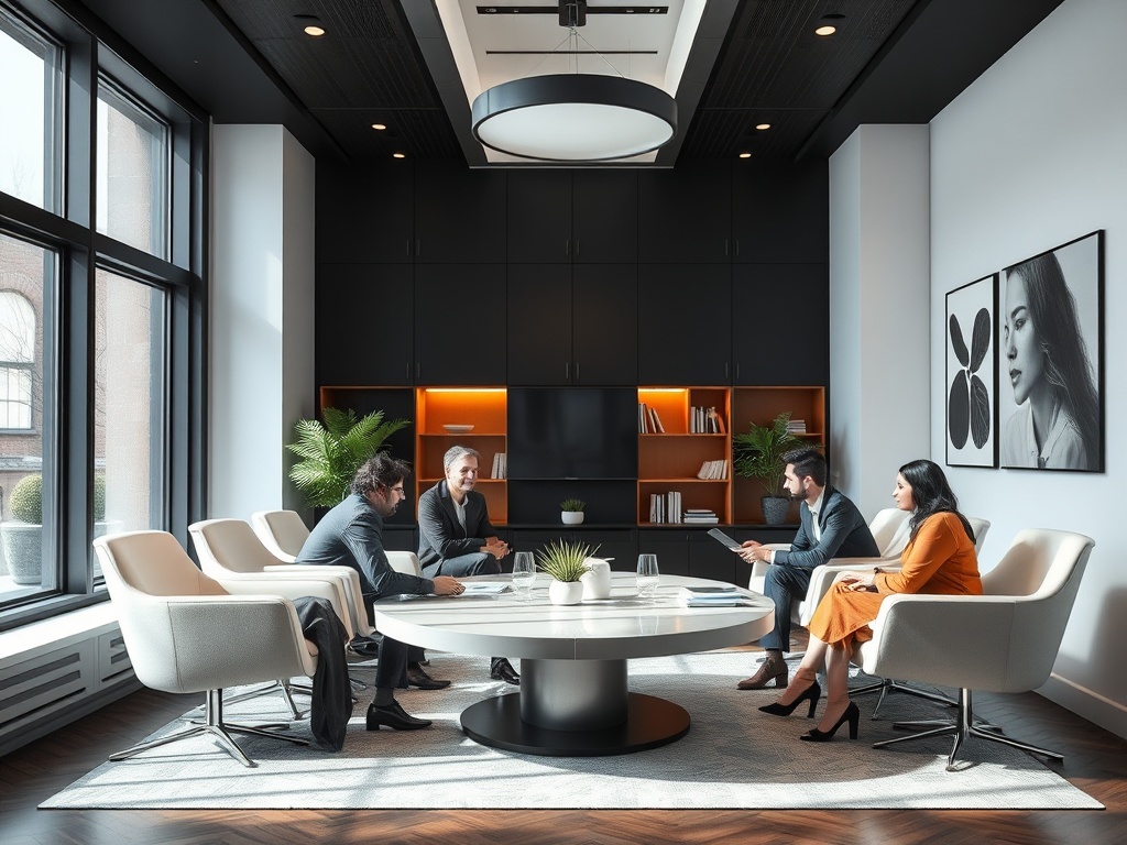 На совещании в современном офисе пять человек обсуждают проект вокруг круглого стола.