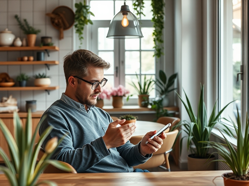 Мужчина в свитере сидит за столом, смотрит в телефон, вокруг зелёные растения и уютная обстановка.