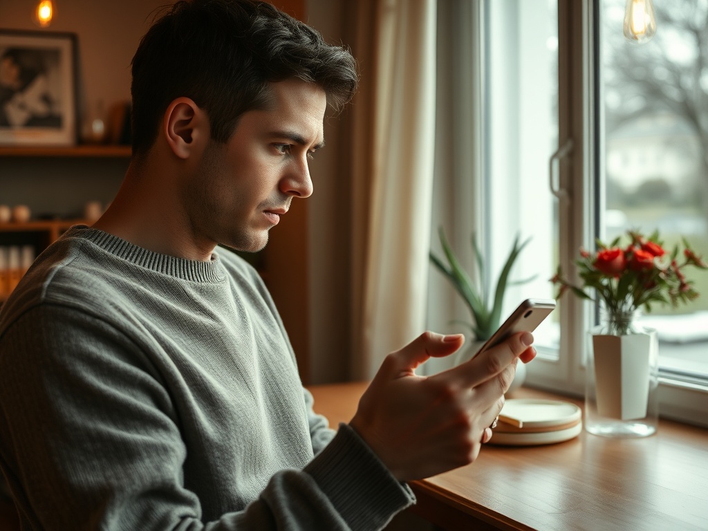 Молодой человек сидит за столом и смотрит на телефон, глядя в окно на улицу. В комнате уютная атмосфера.