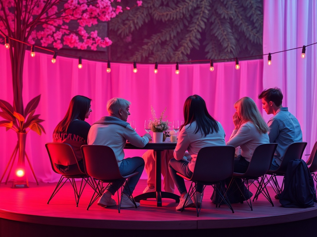 Группа людей за столом в уютной обстановке с розовыми огнями и растениями вокруг.