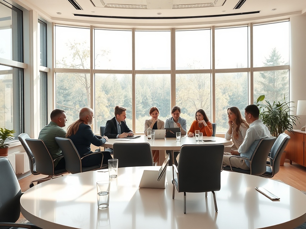 Группа людей на деловой встрече в конференц-зале с большими окнами и видом на природу.