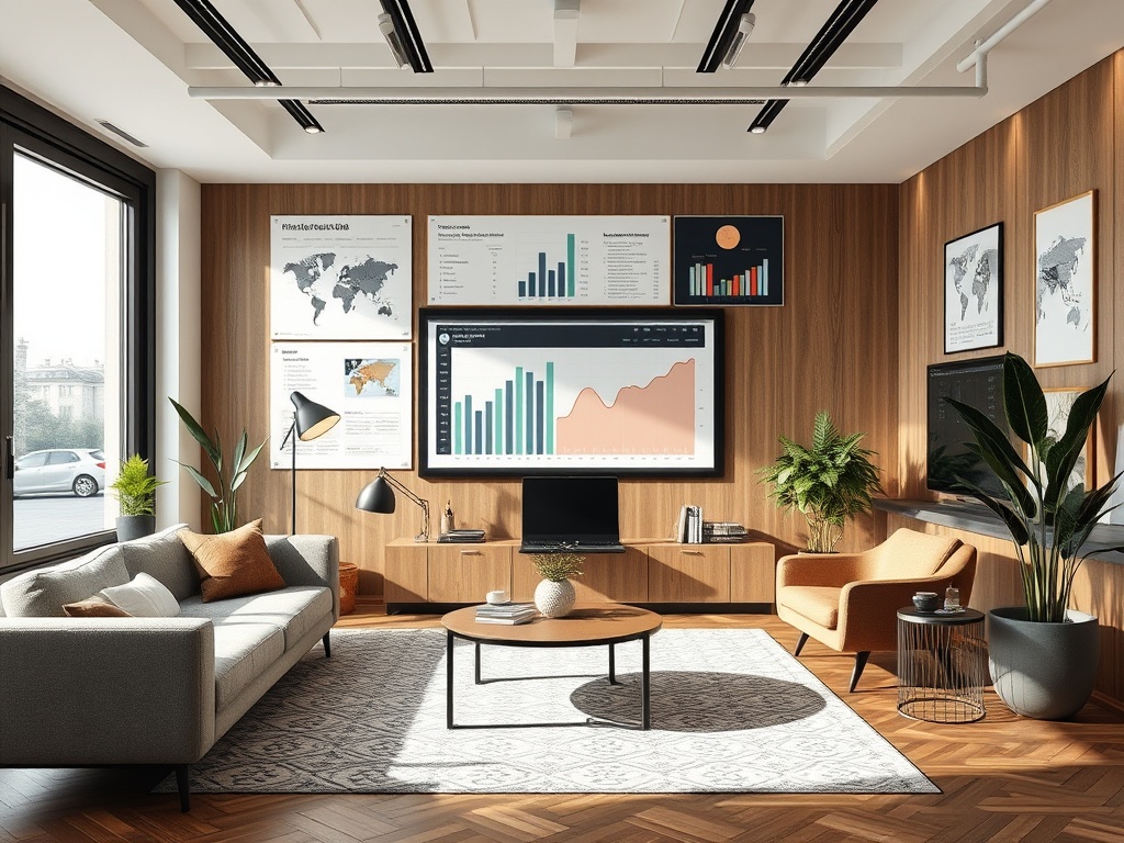 Современный офис с графиками на стенах, уютной мебелью и большими окнами, пропускающими свет.