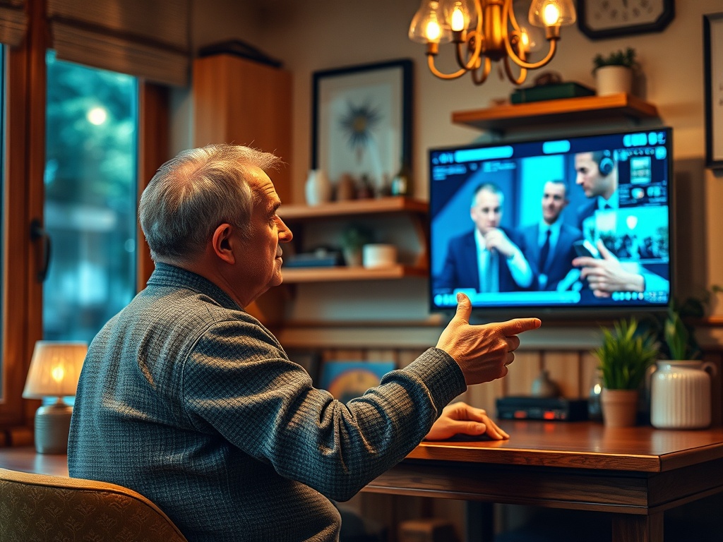 Пожилой мужчина сидит за столом, смотрит на телевизор и обсуждает новости с участниками видеозвонка.