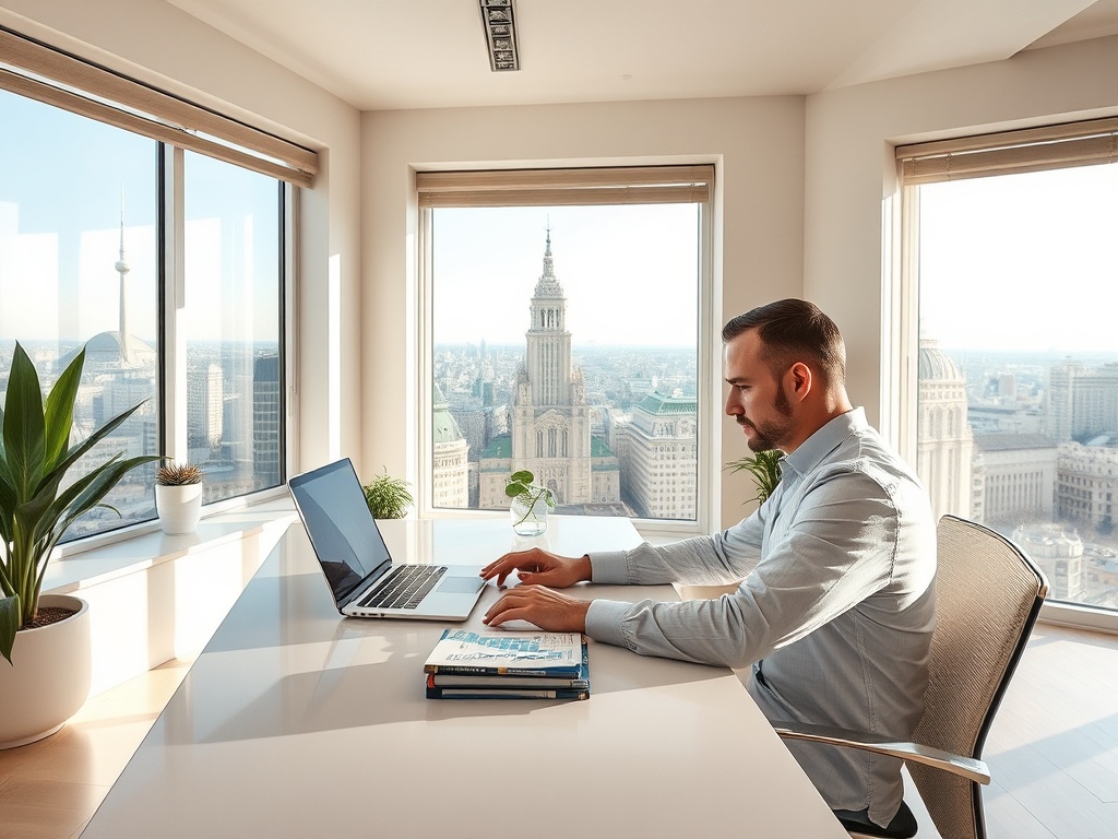 Человек работает за столом в офисе с видом на город и здания вдалеке через большие окна.