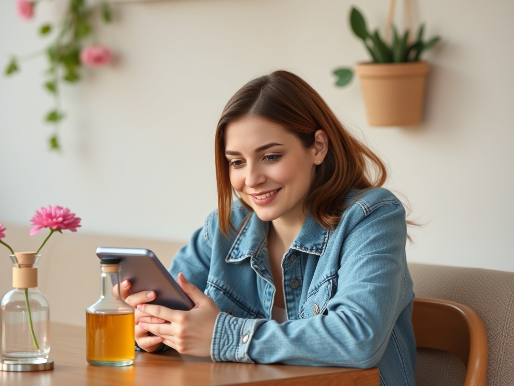 Молодая женщина сидит за столом с телефоном, улыбается и наслаждается моментом, вокруг цветы.