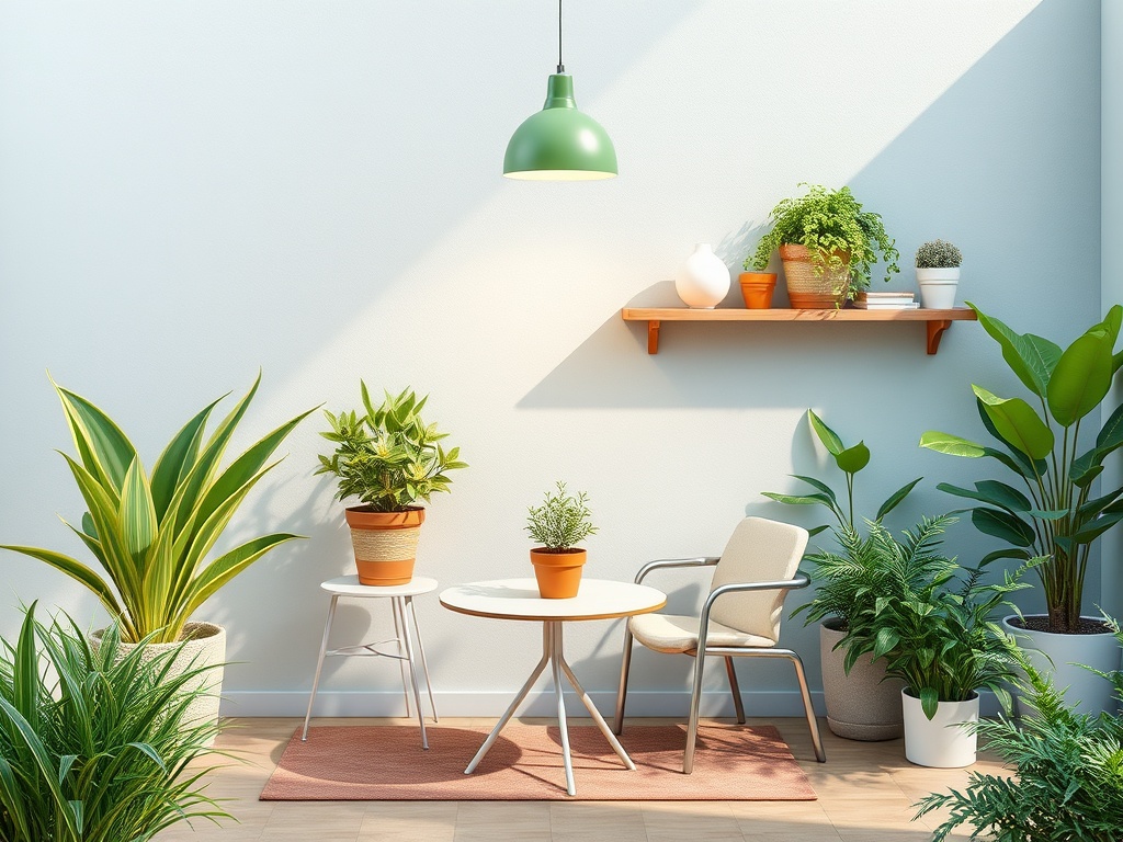 Уютный уголок с растениями, столом и стульями, яркое освещение и мягкие оттенки.