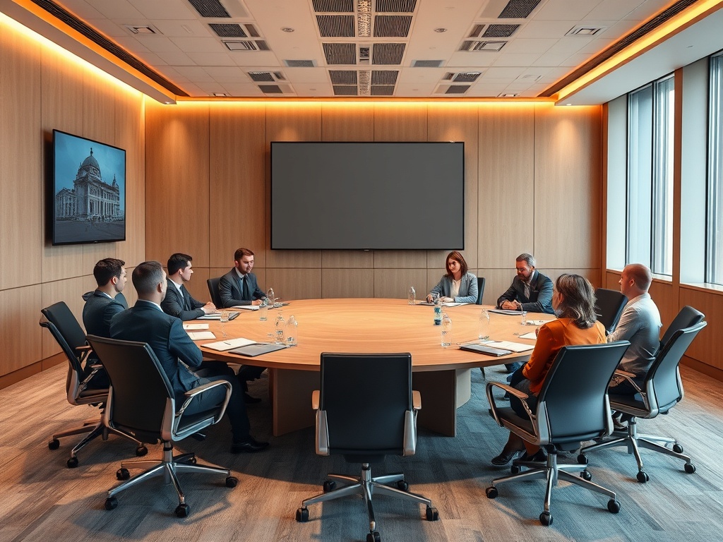 В современном конференц-зале собирается группа людей для обсуждения бизнес-вопросов.