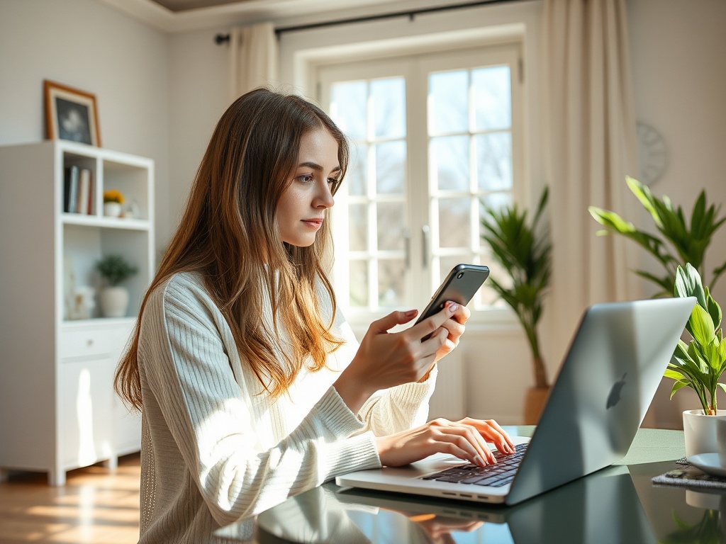 Молодая женщина сидит за столом, используя ноутбук и телефон в светлом интерьере комнаты.