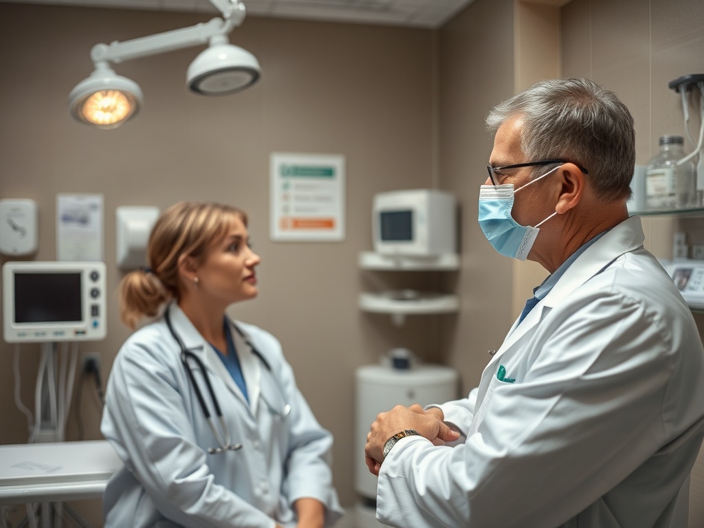 В враче и медицинской сестре ведется обсуждение в кабинете на фоне медицинского оборудования.