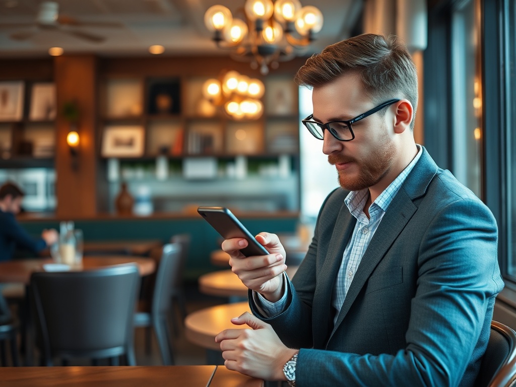 Молодой человек в костюме смотрит в телефон, сидя в кафе с уютной атмосферой и современным интерьером.