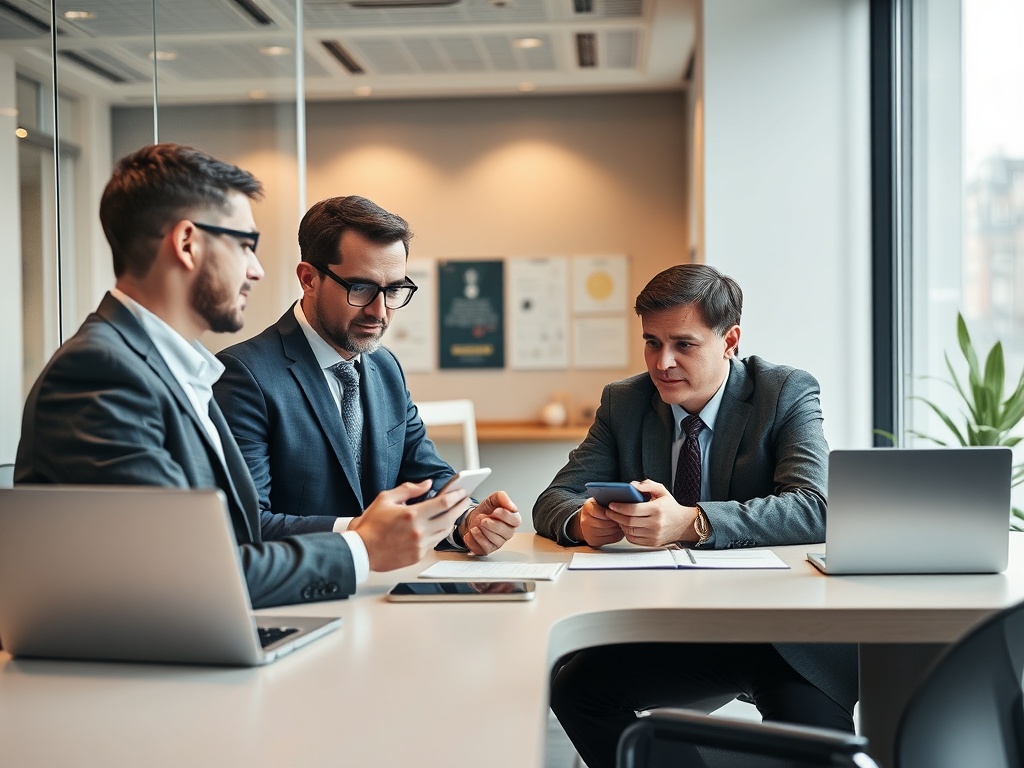 Три мужчины в деловых костюмах обсуждают вопросы, сидя за столом в современном офисе. На столе ноутбук и планшет.