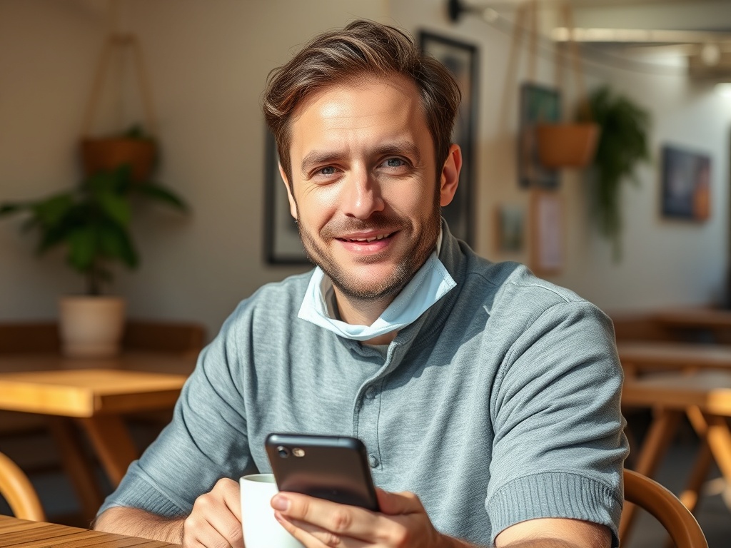 Молодой человек сидит в кафе с чашкой, улыбается и смотрит на телефон. Светлое и уютное окружение.