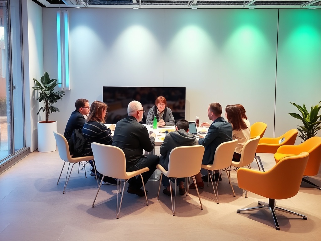 Группа людей обсуждает идеи за столом в современном офисе с зелеными и желтыми огнями.