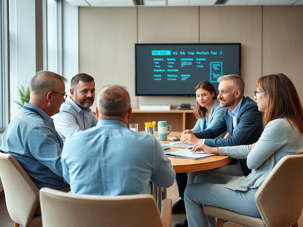Группа людей обсуждает проект на встрече в современном офисе, на стене - презентация.